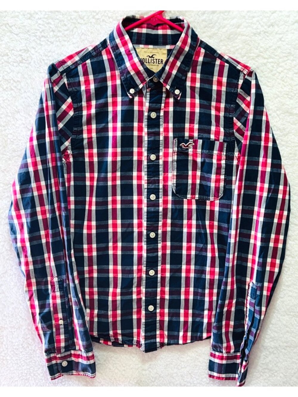 Hollister Mens Pink & Blue Plaid Button-Up Shirt Medium Long Sleeve Casual